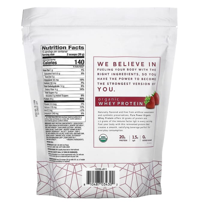 Dr. Mercola, Pure Kracht, Biologisch Wei-eiwit, Aardbei, 1 lb 4,6 oz (585 gr)