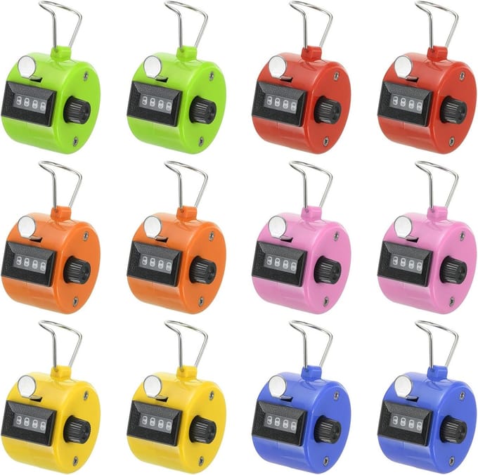 Clickerteller - Nummerteller Handteller - Data Tellen - Mechanische Precisie - 12 Stuks - Veelkleurig