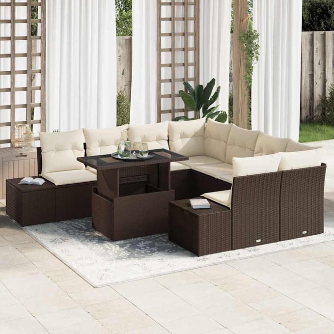 vidaXL - Tuinbank - Set - 9 - st - Bruin - en - Crème - poly - rattan