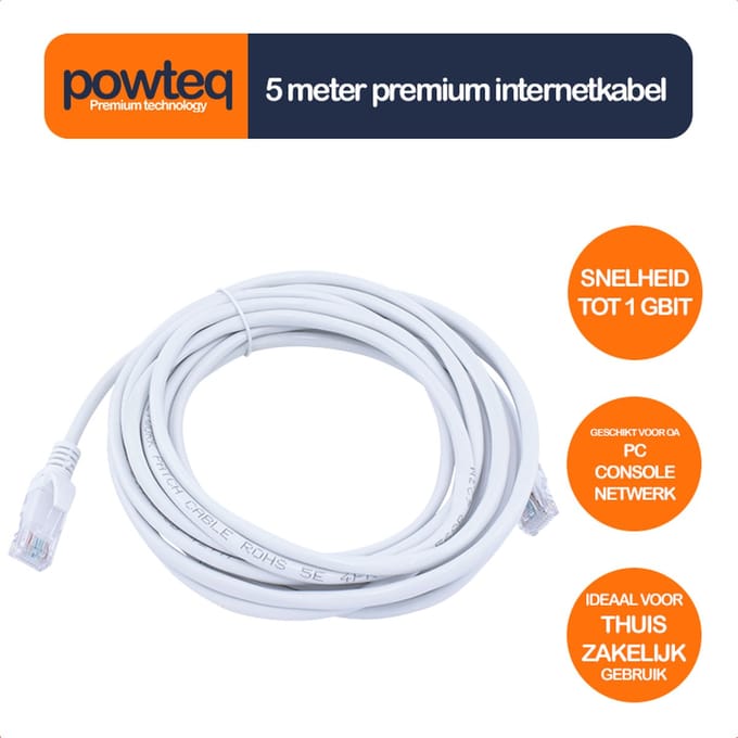 Powteq - 5 meter internetkabel - Wit - Cat 5e met RJ45 stekkers