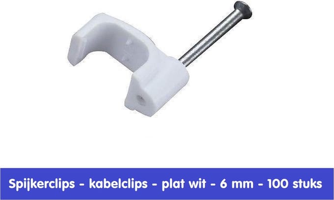 KABELKLEMMEN MET SPIJKER VOOR PLATTE KABEL - 6 MM - WIT - 100 STUKS - KABELCLIPS - SPIJKERCLIPS