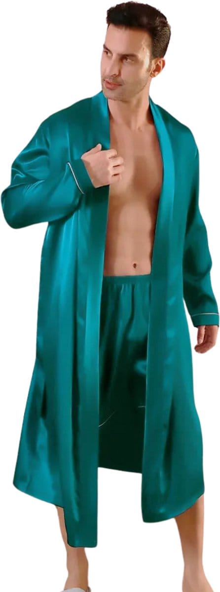 Nivard Satijnen Badjas Heren - Kimono - Kamerjas - Satijn - Ochtendjas - Pyjama - Turqoise - Maat M