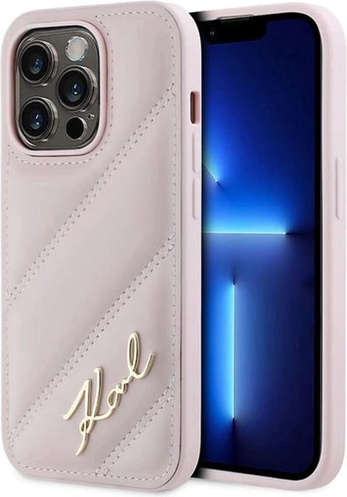 Karl Lagerfeld Diagonal Quilted Script case for iPhone 14 Pro - pink