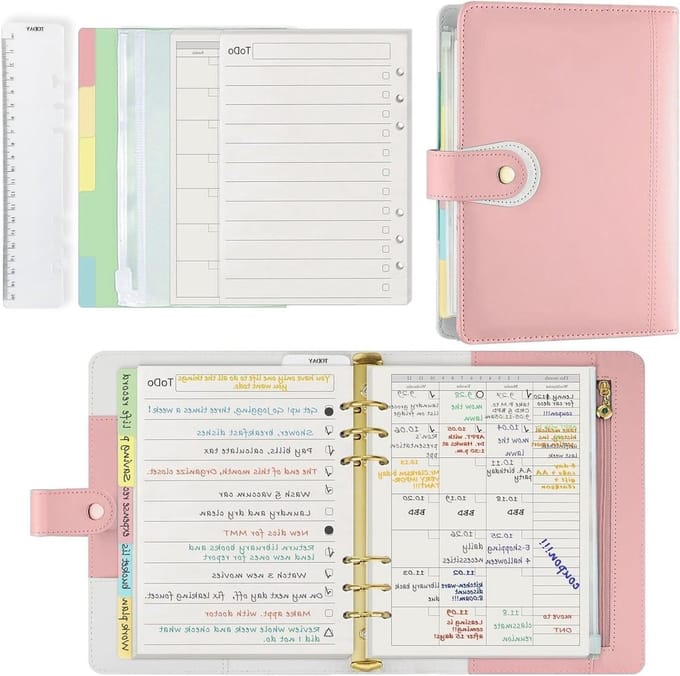 Herbruikbare A5 ringband planner met accessoires, 6-rings organizer in mintgroen en roze, ideaal voor notities en planning