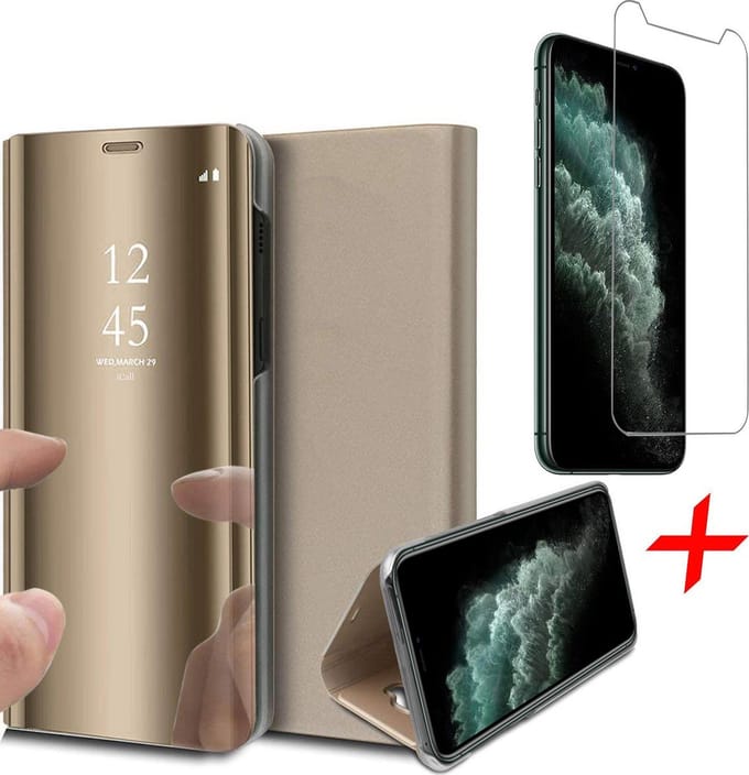 Hoesje geschikt voor iPhone 11 Pro - Screen Protector GlassGuard - Book Case Spiegel Goud & Screenprotector