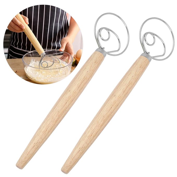 2 Stuks Roestvrij Staal Deegmixer Blender Handmatige Eierklopper met Eiken Handvat Keukenaccessoire beige