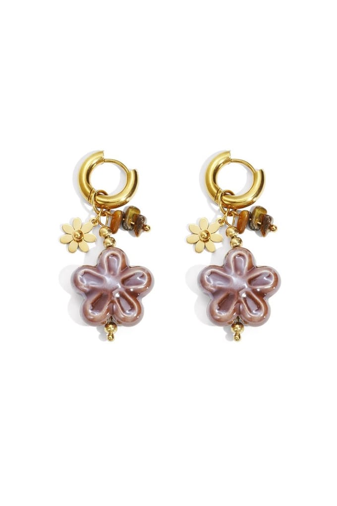 Goudkleurige Oorbel met Bruine Bloemhanger