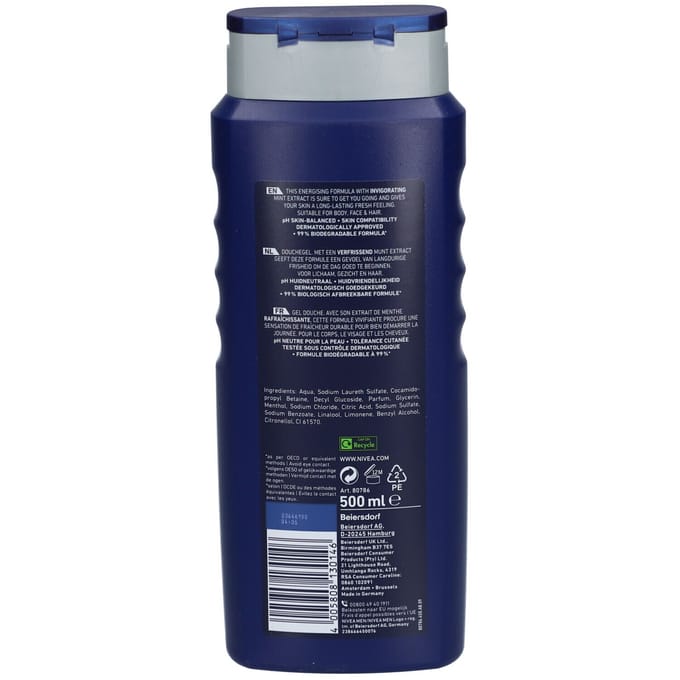 NIVEA MEN Energy douchegel - 3-in-1 douchegel met muntextract - shampoo - 500 ml