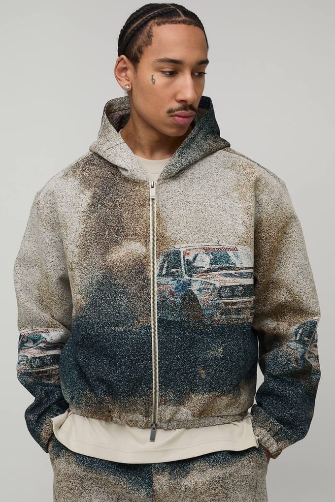 Oversized Boxy Car Tapestry Hoodie | Stone | Size Small