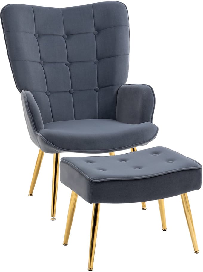 HOMCOM Fauteuil met voetenbank - Fluweel (100% polyester) - 71 x 77 x 99 cm - Donkergrijs