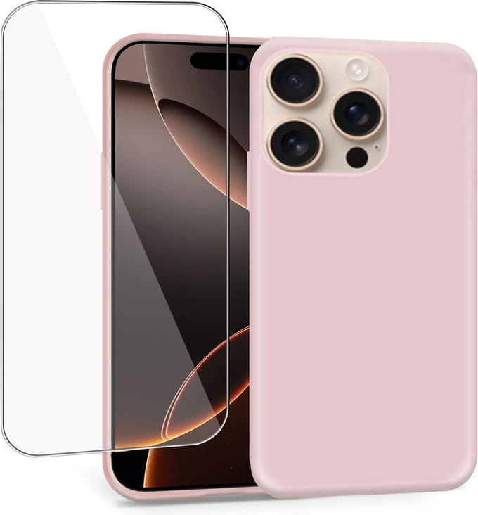 Geschikt voor Apple iPhone 16 Pro Max - Hoesje + Screenprotector – Gehard Glas Cover - Suède Case Rose