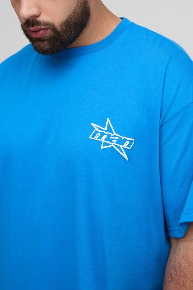 Plus Men's Star Puff Print Oversized T-Shirt & Relaxed Jersey Short Set | Blue | Size 2XL