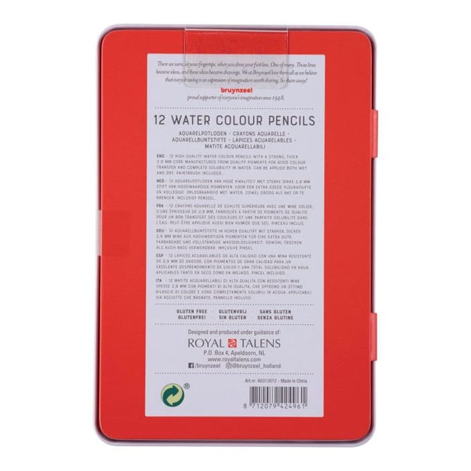 12 crayons de couleur - Aquarelle - Boîte métal - Assortiment couleur - Bruynzeel