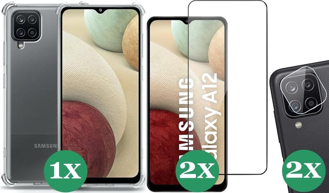 Hoesje geschikt voor Samsung Galaxy A12 - 2x Screenprotector Glas & 2x Camera Screen Protector - Transparant Shock Case