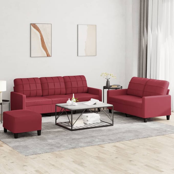 vidaXL - 3-delige - Loungeset - met - kussens - kunstleer - wijnrood