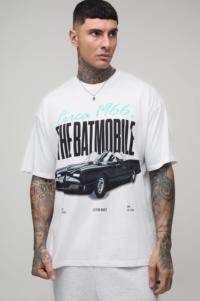 Tall The Batmobile Oversized License Print T-Shirt | White | Size Small