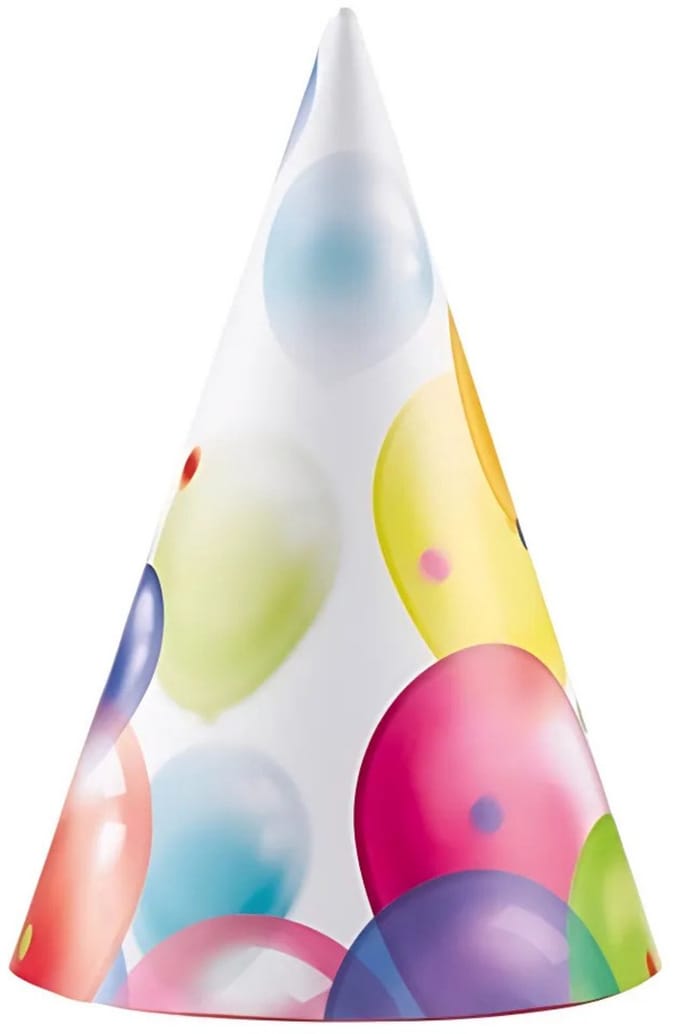Feesthoedjes - 8x stuks - karton - met ballonnen opdruk - verjaardag