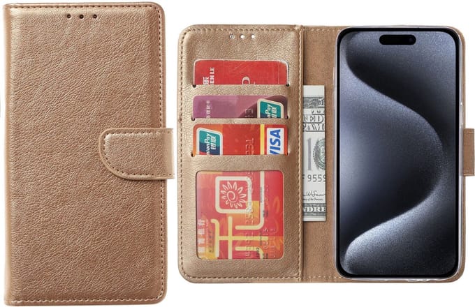 Hoesje Geschikt voor iPhone 15 Pro Max – Arara bookcase met pasjeshouder- Goud
