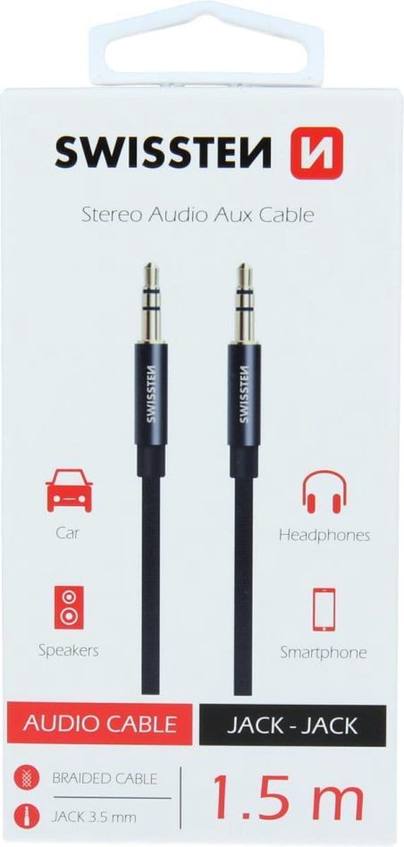 Swissten Audio Aux Kabel - Jack 3.5MM naar Jack 3.5MM - Zwart