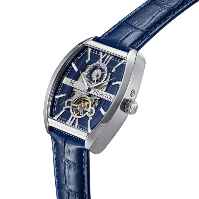 Heritor Automatic Masterson Semi-Skelet leren band horloge - Zilver/Blauw