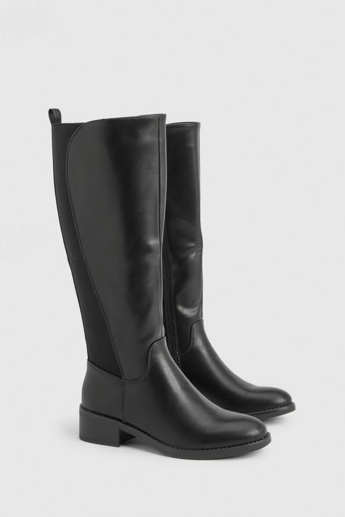 boohoo Dames Chunky kniehoge platte laarzen met elastisch paneeldetail | Black | Maat: 3