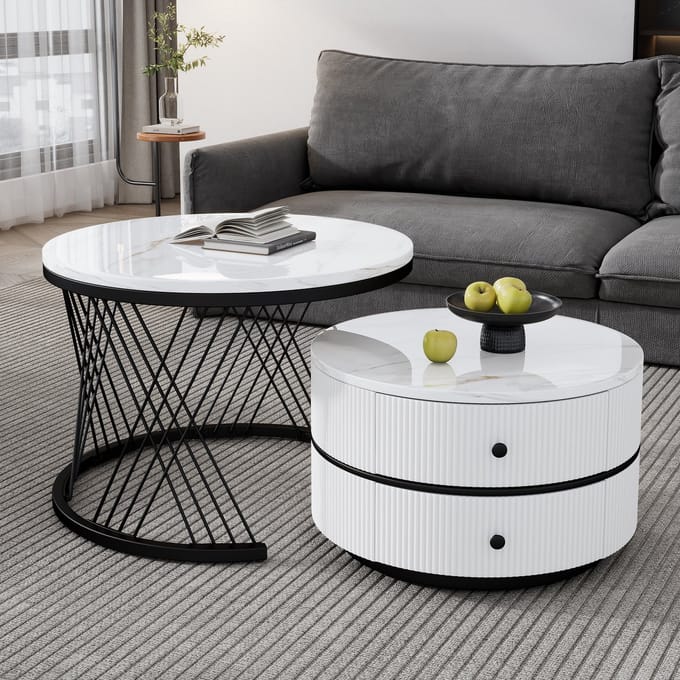 Salontafelset 60/50 cm - Hoogglans Marmerlook met 2 Laden - Rond Nestbaar Ontwerp - MDF - Wit