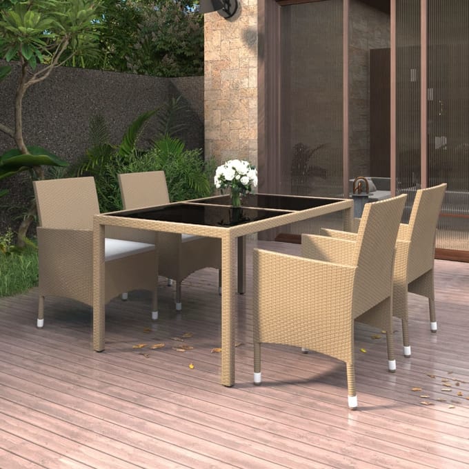 vidaXL - 5-delige - Tuinset - poly - rattan - en - gehard - glas - beige