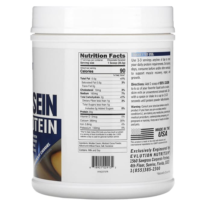 EVLution Nutrition, Protéine 100% Caséine, Chocolat Caramel, 1 lb (454 g)