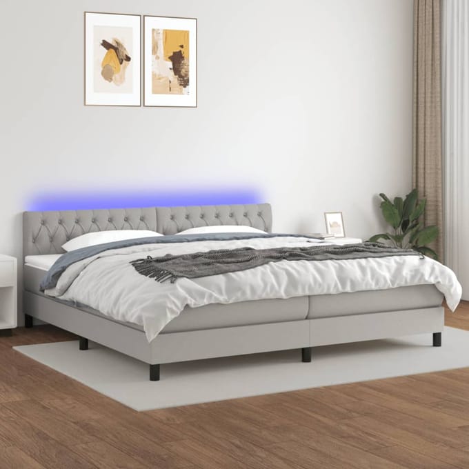 vidaXL - Boxspring - met - matras - en - LED - stof - lichtgrijs - 200x200 - cm