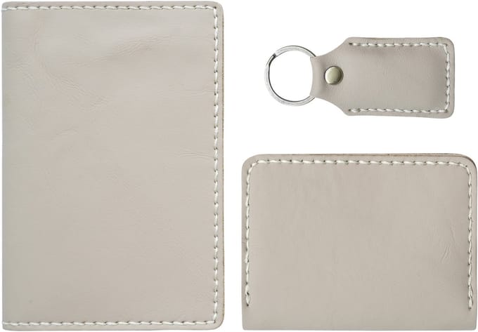 Paspoort & Kaartenhouder Set, Handgemaakt Leder, 3-delig met Sleutelhanger, Beige