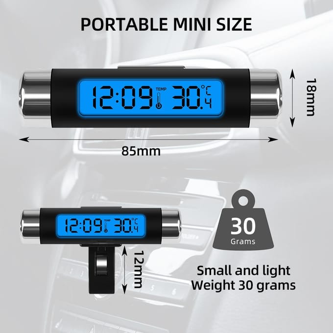 Digitale Auto Klok met Thermometer - Mini LCD Display voor Luchtuitlaat - Auto Dashboard Tijd Temperatuurmeter met Achtergrondverlichting