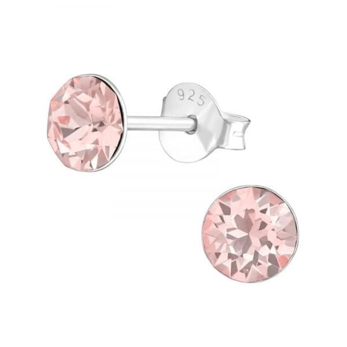 Zilveren oorknop, Licht Roze kristal (6MM)