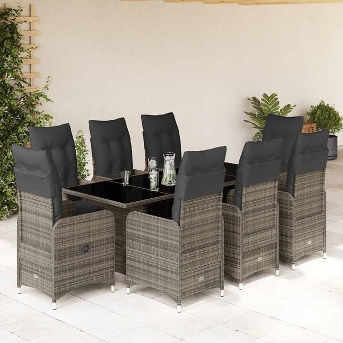 vidaXL - 9-delige - Bistroset - met - kussens - poly - rattan - grijs