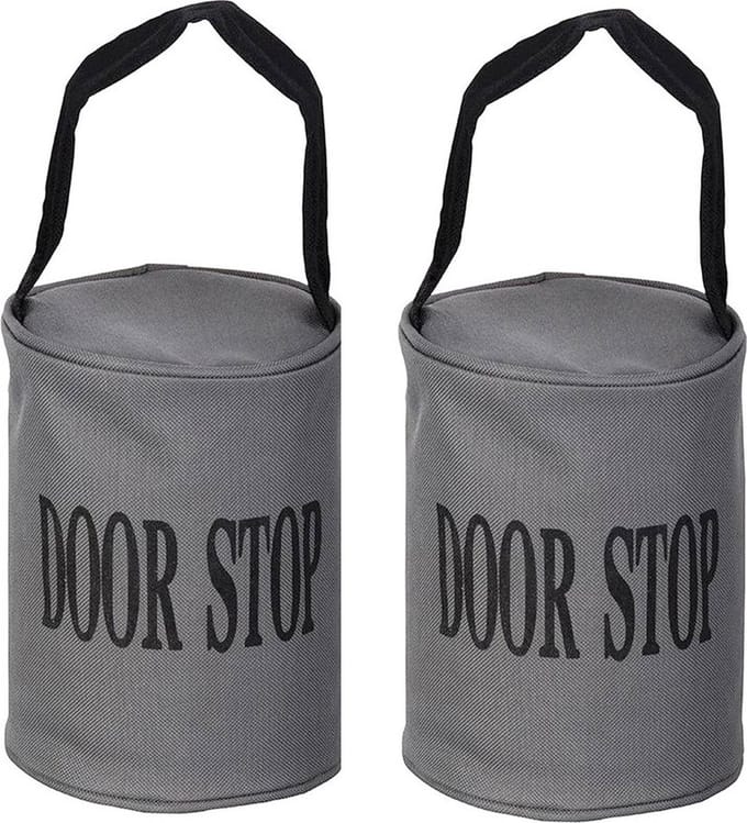 Set van 2 deurstoppers grijs met zwarte band gevuld met zand