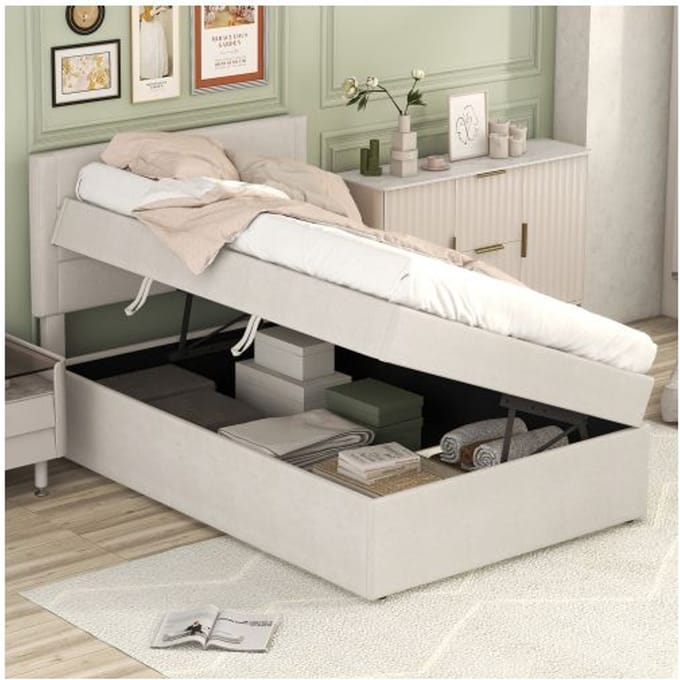 Lit simple - MUVOE - 90 x 200 cm - Beige - Rangement sous le lit - Design minimaliste beige
