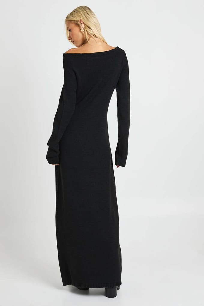 boohoo Dames Gebreide maxi-jurk met slash neck | Black | Maat: Small