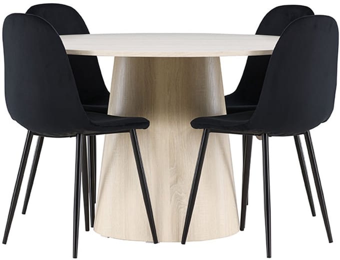 Lanzo eethoek tafel Ø120cm en 4 velours stoelen whitewash.
