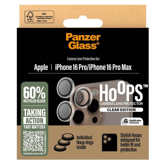 PanzerGlass Screenprotector geschikt voor Apple iPhone 16 Pro Glazen | PanzerGlass Hoops Camera Lens Protector - Case Friendly