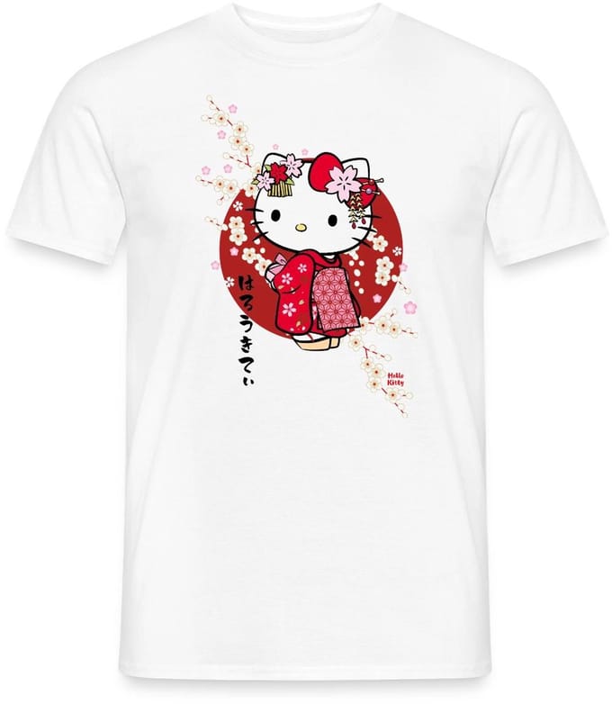 Hello Kitty In Een Rode Kimono En Kersenbloesems T-Shirt Heren