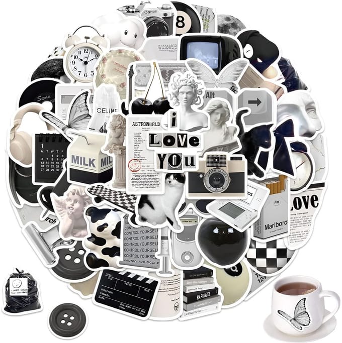 Dailygoody - Pack van 60 Zwart-Witte Waterdichte Stickers voor Creatieve DIY Projecten