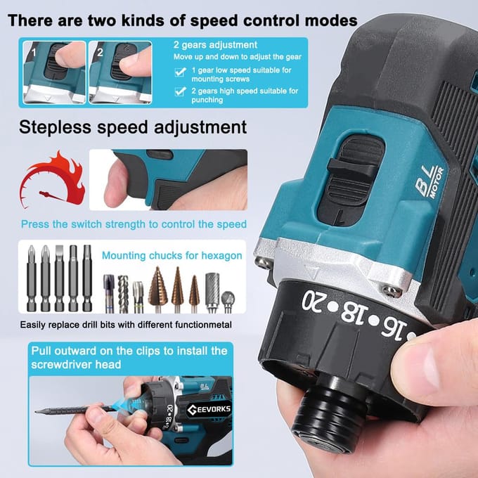 Geevorks 21V draadloze elektrische boormachine, borstelloze motor, 2 snelheden, bedieningsmodi vooruit en achteruit 2pcs batteries US Plug veelkleurig