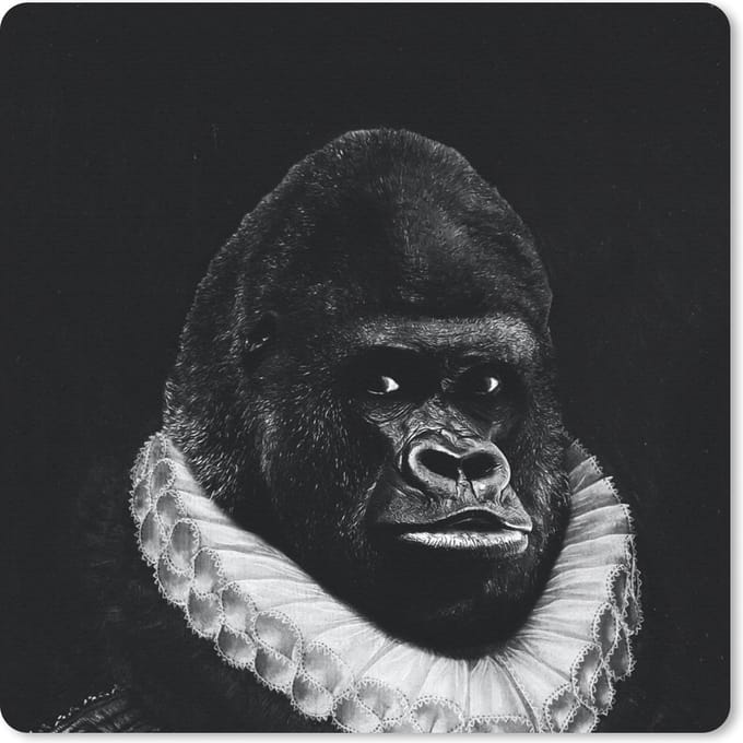 Muismat 20x20 cm - Mousepad Schilderij - Gorilla - Zwart - Wit - Muismatten