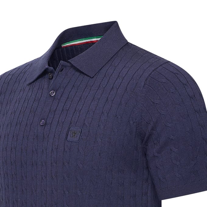 Cappuccino Italia - Heren Polo SS Caorle Cable Knit - Blauw - Maat M