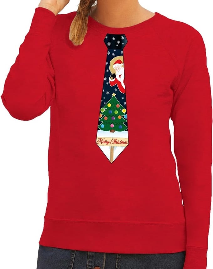 Bellatio Decorations Foute kersttrui - sweater - met stropdas kerst print - rood - voor dames M