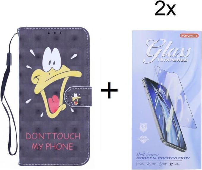 Bookcase Geschikt voor: iPhone 12 Pro Max hoesje met print - Don't Touch My Phone Duck 3D met 2 stuks Glas Screen protector
