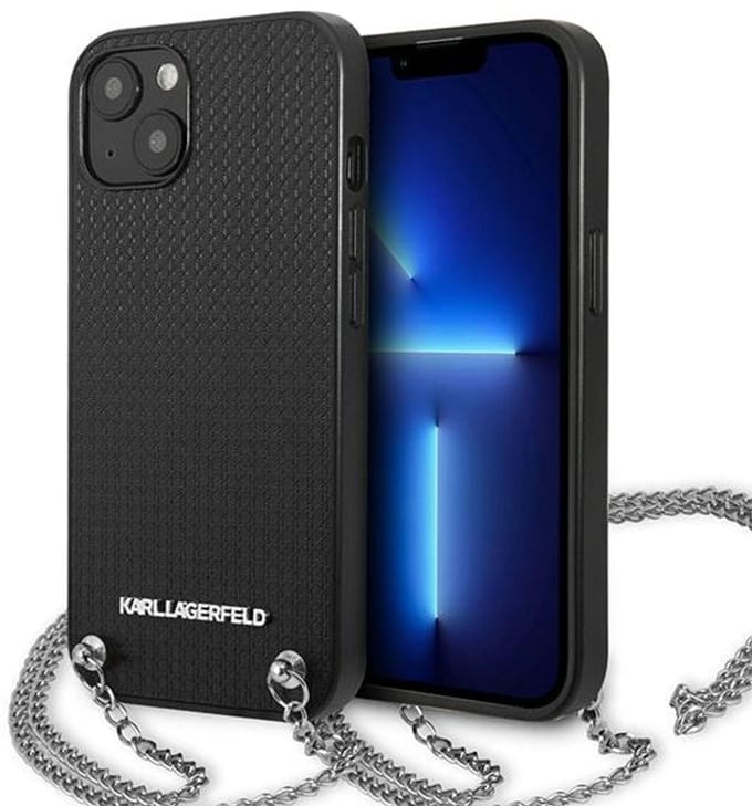 Karl Lagerfeld Textured Back Cover met Chain - Geschikt voor Apple iPhone 13 Mini (5.4") - Zwart