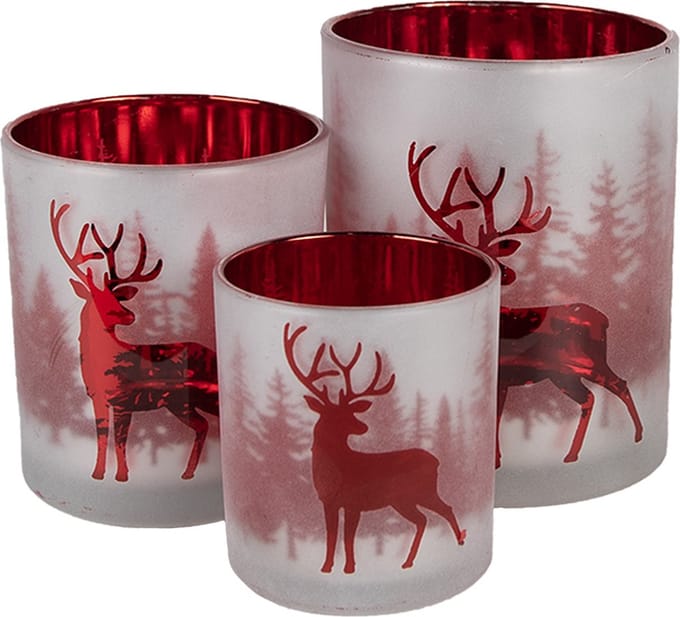 Clayre & Eef Theelichthouder Set van 3 Wit Rood Glas Hert