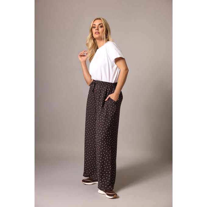 Yours Chocoladebruine Broek Met Stippen En Wijde Pijpen Size Regular > 44