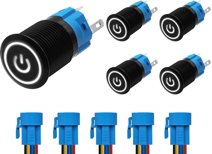 ProRide Drukschakelaar ON-OFF 220V - 16mm Metaal - Waterdicht - LED Wit - Met Kabels - 5 stuks