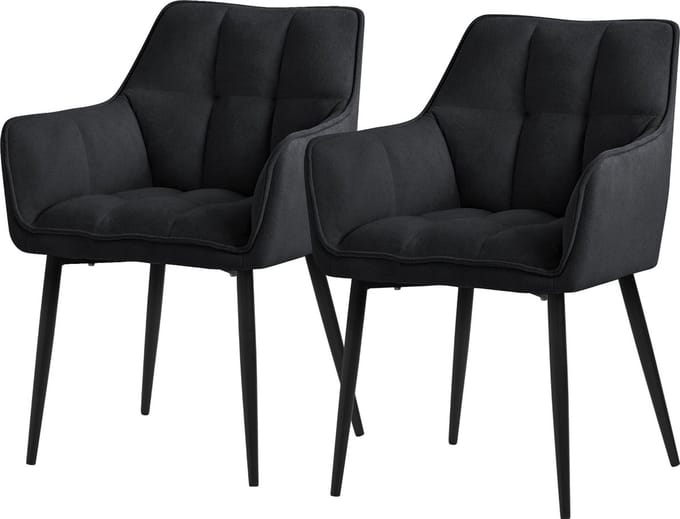 ML-Design eetkamerstoelen set van 2 gemaakt van badstof, zwart, keukenstoel met dikke gestoffeerde zitting & metalen poten, woonkamerstoel met rugleuning en armleuningen, ergonomische loungestoel